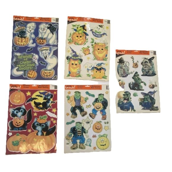 Vtg Fall Halloween Vinyl Window Clings Lot 5 Pumpkin Witch Cat Ghost Decor - Picture 1 of 16
